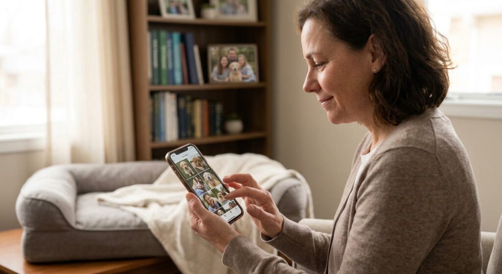 Person seeying photos of her dog in the mobile phone