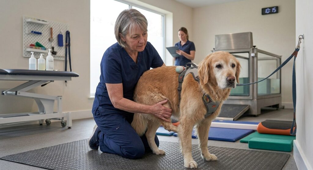 vet checking senior dog for pain related aggression