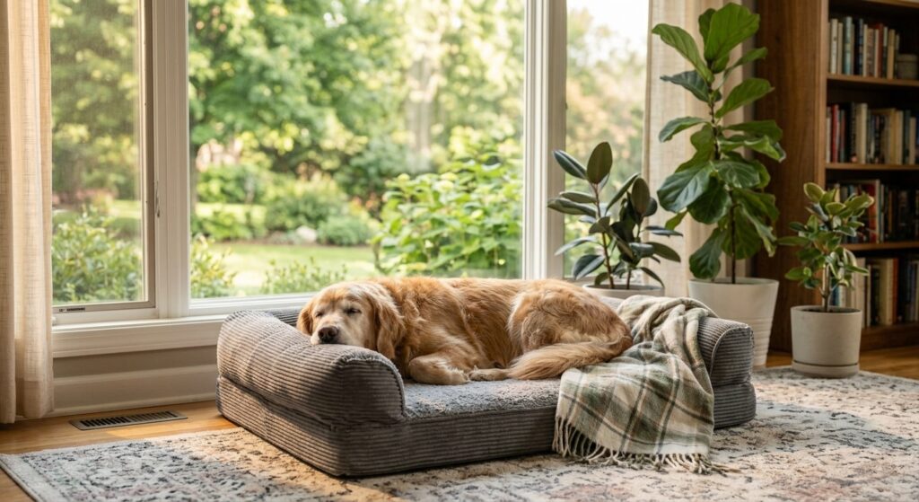 Owner gently stroking an older dog resting at home