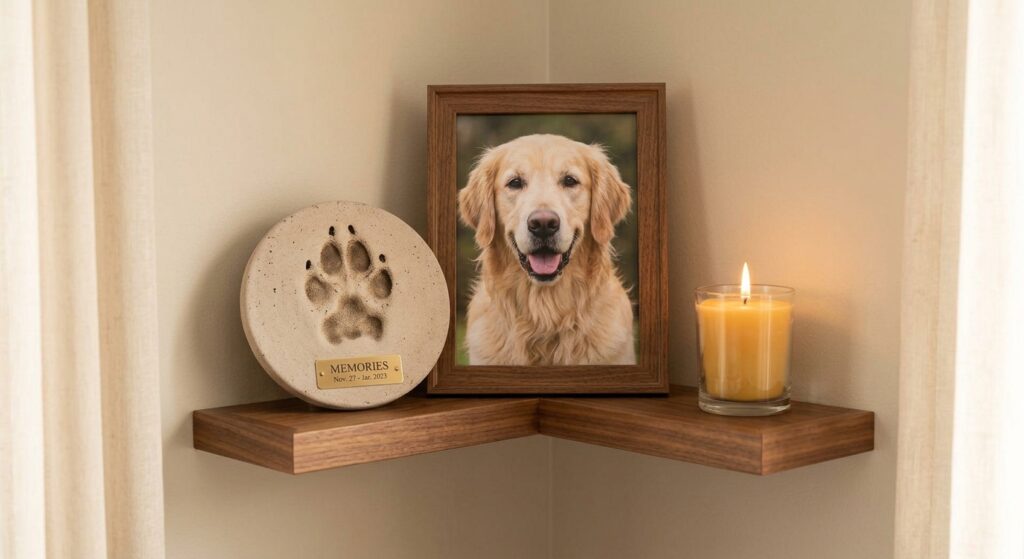 Candle and a framed photo of a dog on a table