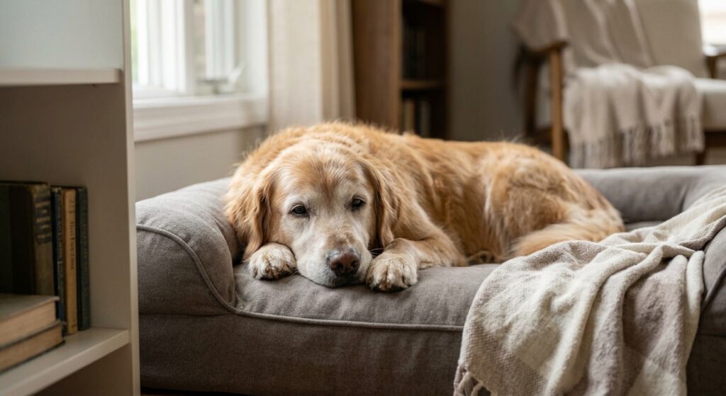 Calm senior dog resting comfortably 