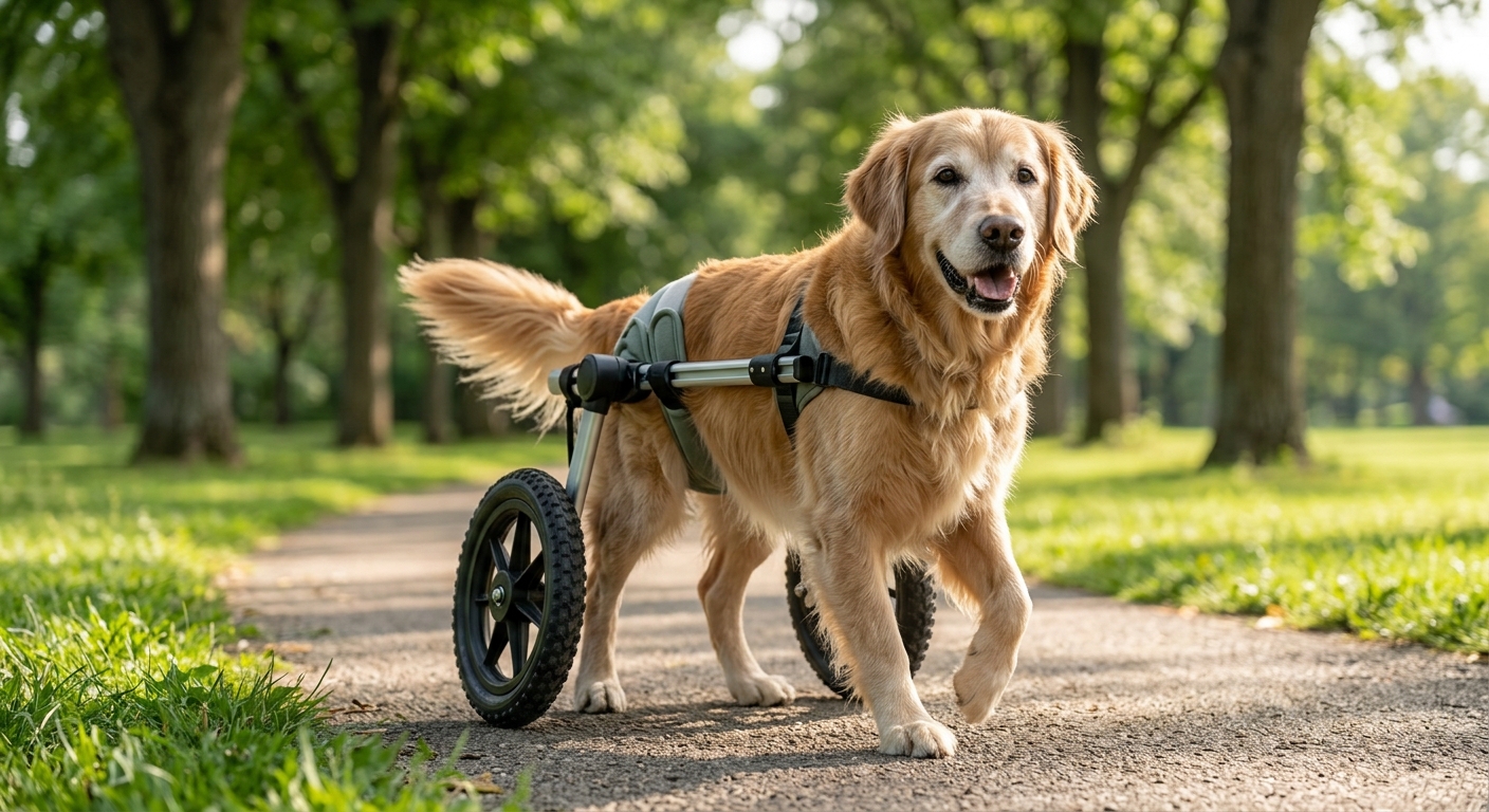 Senior Golden Retriver using a dog wheelchair in a park