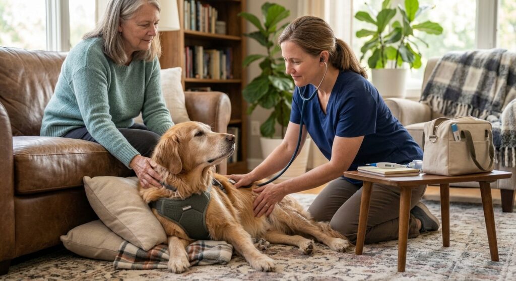 Owner and veterinarian discussing a senior dog's comfort care