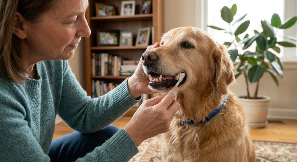 Senior dog having a professional dental cleaning at the vet