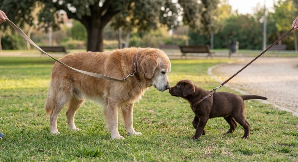 first meeting senior dog and puppy
