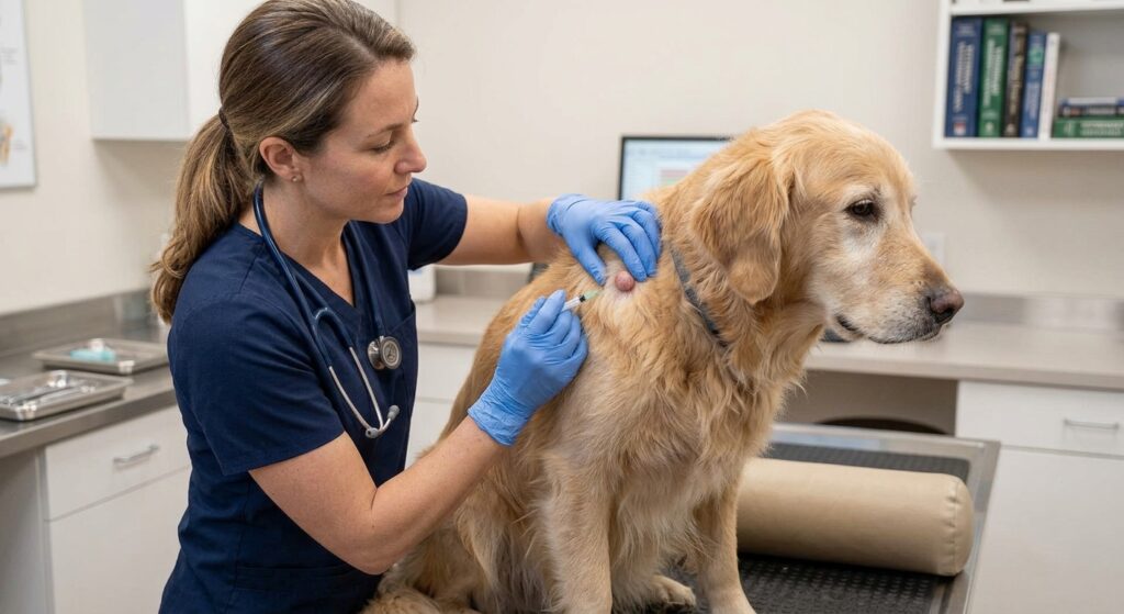 vet diagnosing tumor in senior dog