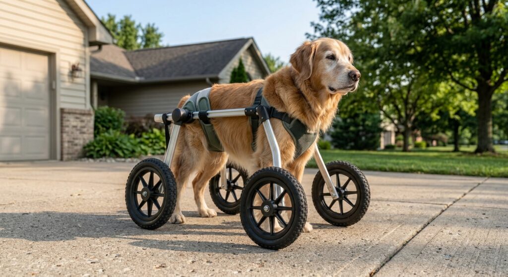 Adjustable dog wheelchair for a senior dog with weak hind legs