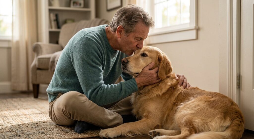 Owner comforting a grieving dog at home