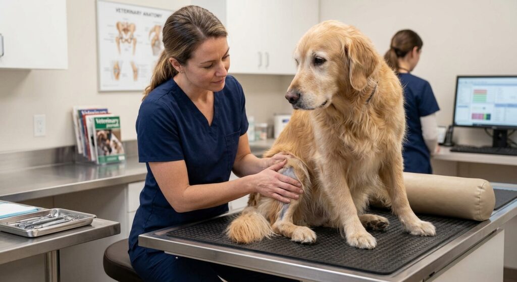     vet examining senior dog for shaking legs

