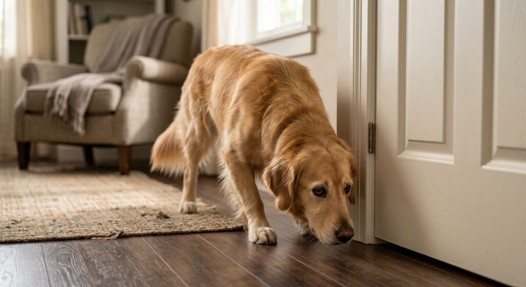 Dog lying quietly on the floor looking toward an empty dog bed