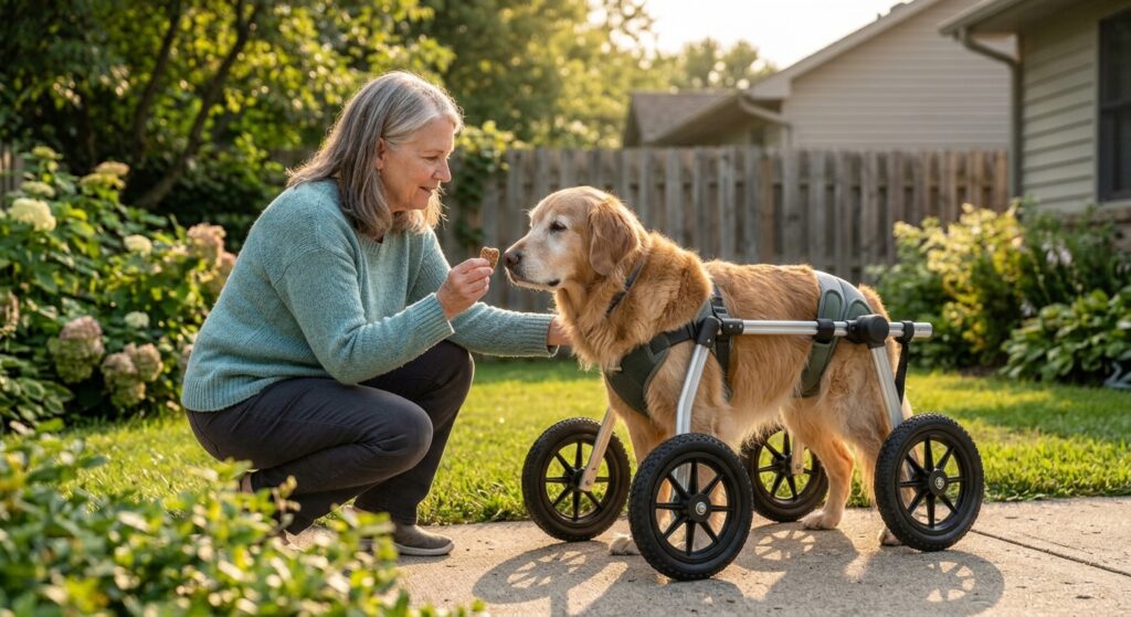 Owner encouraging a senior dog to walk in a new wheelchair