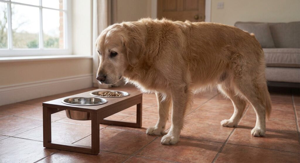 senior dog benefiting from raised bowls