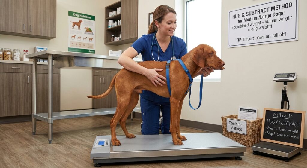 Senior dog standing on a scale to be weighed