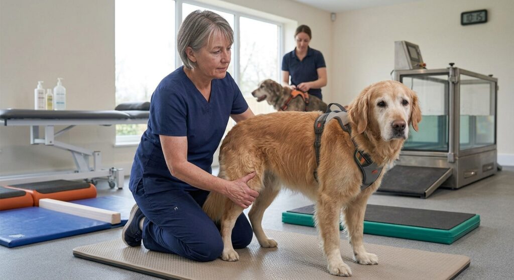 assessing senior dog before hydrotherapy