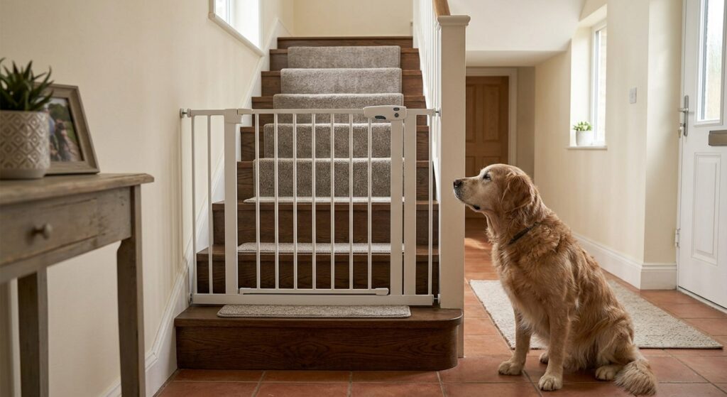 baby gate blocking stairs for senior dog
