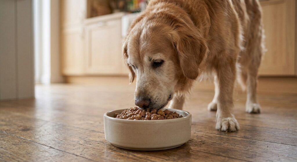senior dog eating wet food