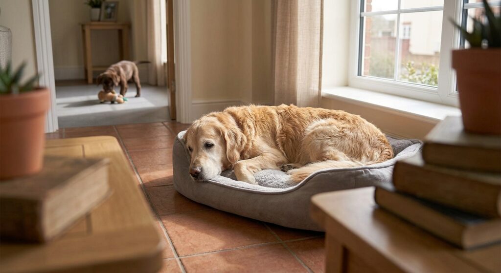 senior dog quiet space away from puppy