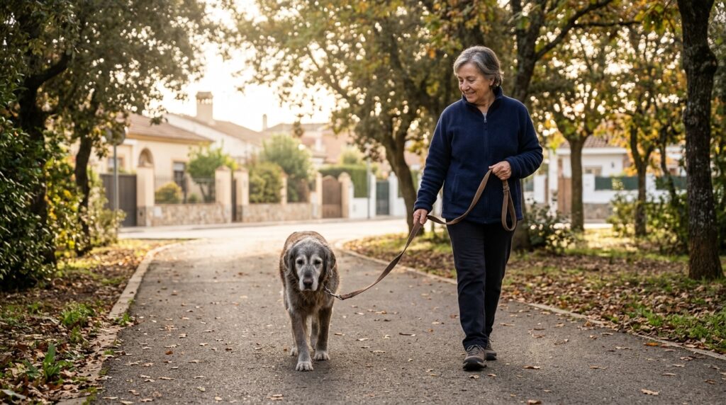 no-pull harness for senior dogs: older dog walking calmly on a leash