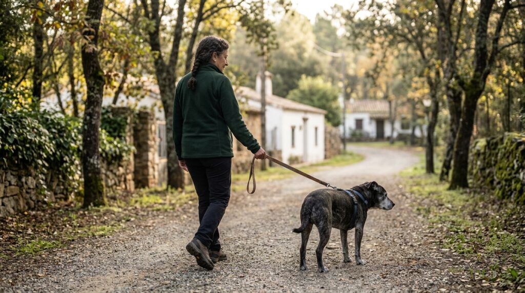 Owner rewarding a senior dog for walking calmly on a harness